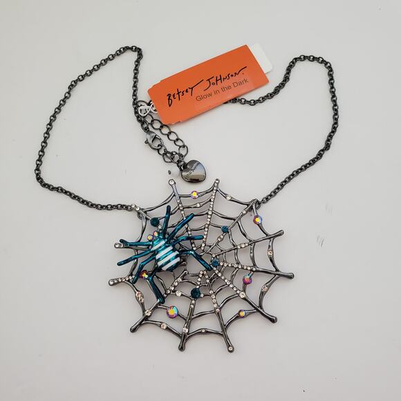 New Halloween Betsy Johnson Statement Necklace Spider and Web Silver Blue - Picture 5 of 12